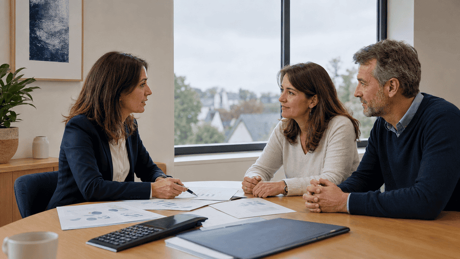 Conseillère financière étudiant un rachat de crédit avec un couple à Vannes