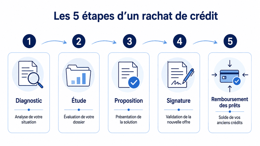 Infographie des cinq étapes d'un rachat de crédit, du diagnostic au remboursement des anciens prêts
