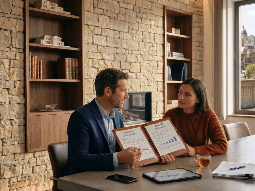 Courtier expliquant la différence entre un prêt relais et un prêt in fine à une cliente