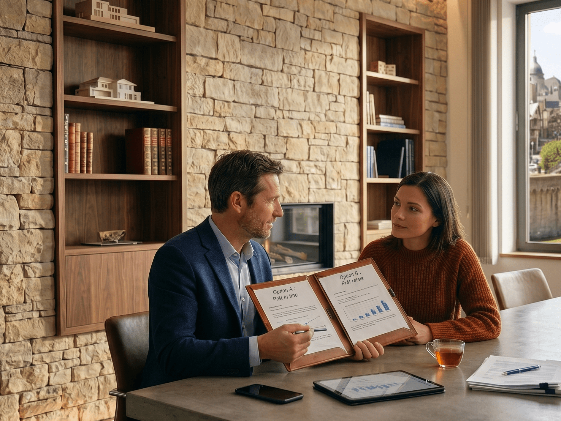Courtier expliquant la différence entre un prêt relais et un prêt in fine à une cliente