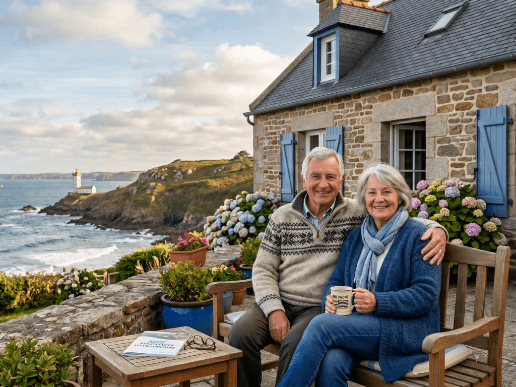 Couple de seniors heureux sur la terrasse de leurs maison en bretagne